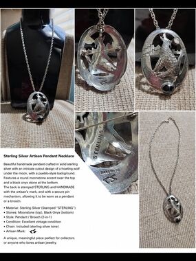 Handmade Sterling Silver Wolf Pendant Necklace with Moonstone & Black Onyx